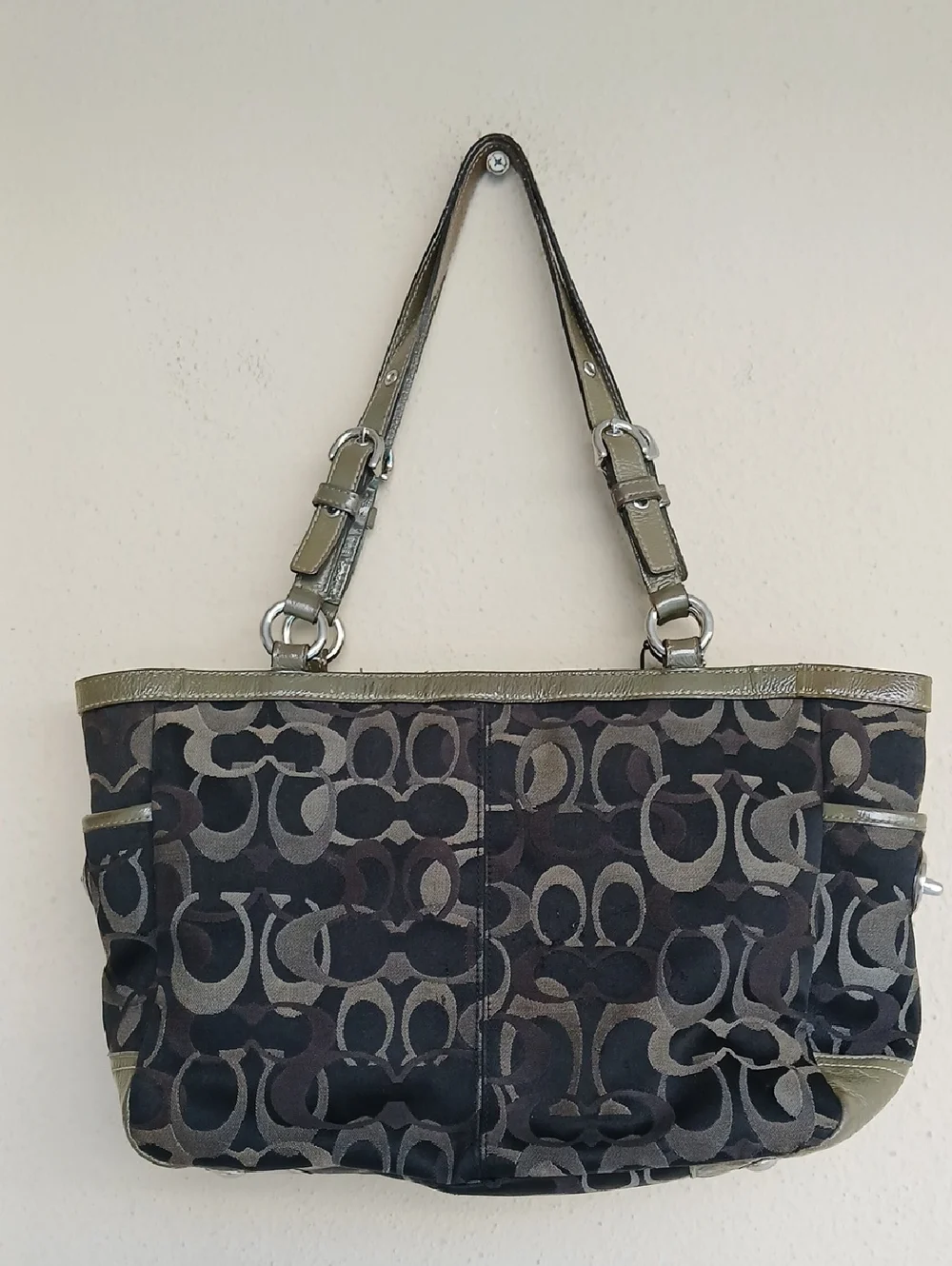 COACH Gallery Tote F13762 Signature Optic Jacquard Shoulder Bag Olive